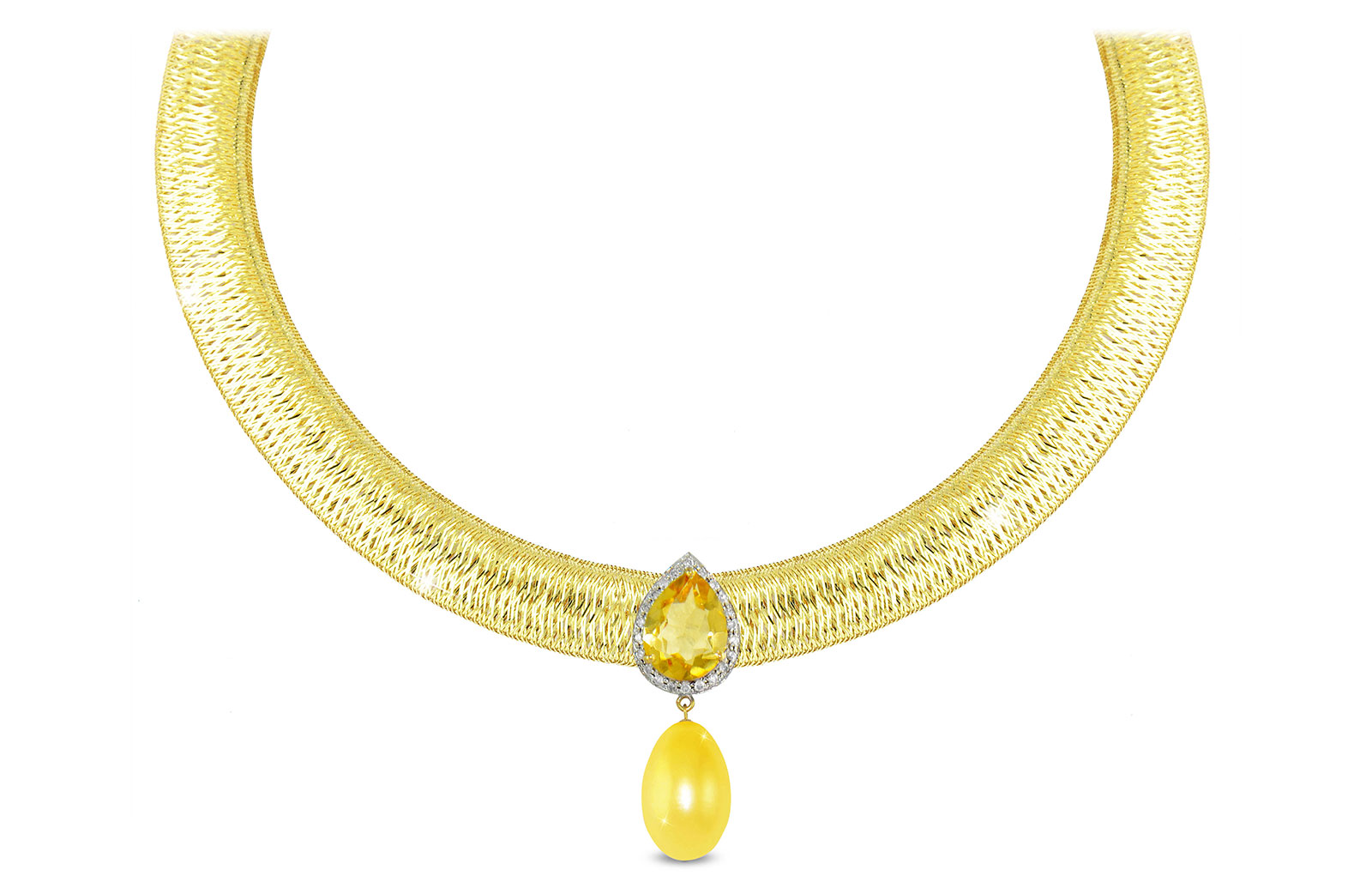 Vera Perla 18K Gold 0.12ct Diamonds, Citrine and 13mm Golden Pearl Necklace